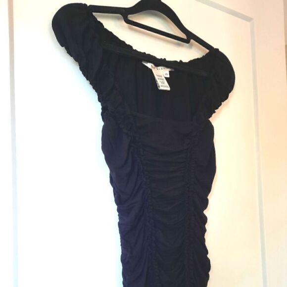 Max Studio Cap Sleeve Square Neck Ruched Ruffle Top Black - Picture 3 of 16